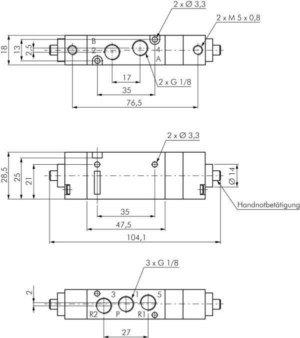 Valva pneumatic 5/3, G 1/8&quot;,- YPC